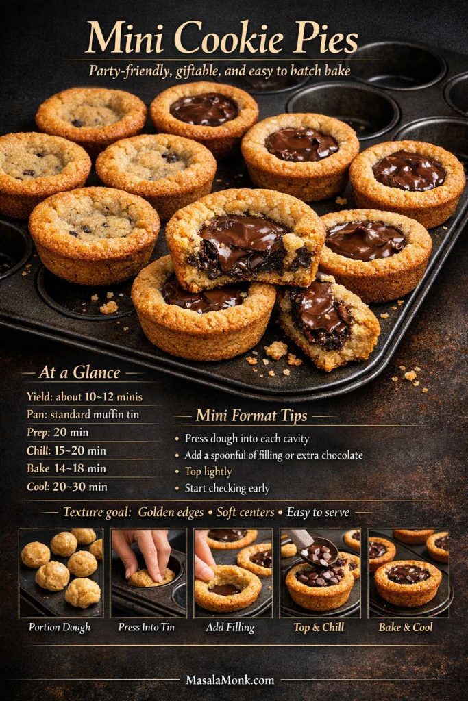 Recipe card for mini cookie pies showing several small cookie pies baked in a muffin tin, with yield, timing, mini format tips, and step-by-step assembly guidance.