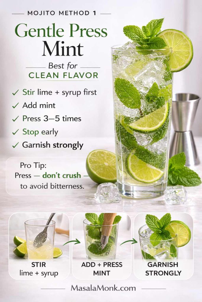 Gentle Press Mint Method for a classic mojito: stir lime + syrup first, press mint lightly 3–5 times, then stop early and garnish strongly. This simple technique keeps your mojito recipe crisp, aromatic, and free of bitter, grassy mint.