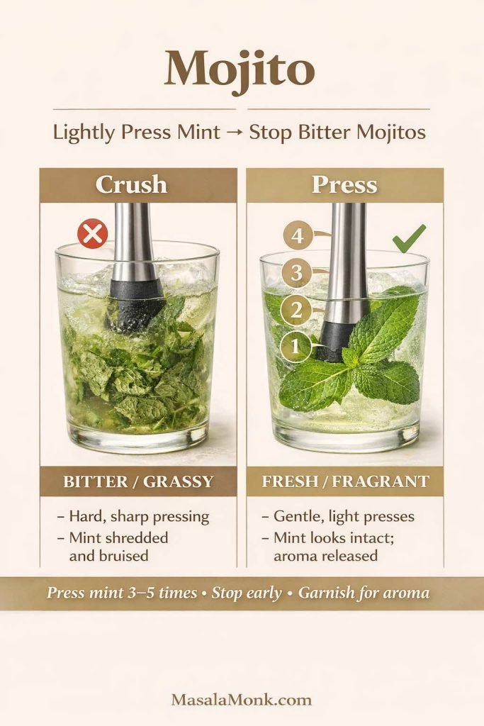 Comparison graphic for mojito mint technique showing two panels: “Crush” with shredded bruised mint in a cloudy drink labeled bitter/grassy, and “Press” with intact mint and gentle light presses labeled fresh/fragrant. Includes tip to press mint 3–5 times, stop early, and garnish for aroma. MasalaMonk.com appears in the footer.