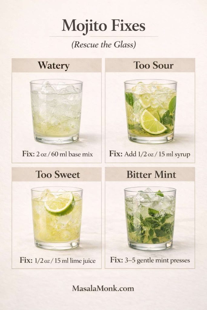 Infographic titled “Mojito Fixes (Rescue the Glass)” with four panels showing common mojito problems and quick fixes: Watery (add more base mix), Too Sour (add 1/2 oz / 15 ml syrup), Too Sweet (add 1/2 oz / 15 ml lime juice), and Bitter Mint (use 3–5 gentle mint presses). Each panel shows a mojito in a rocks glass with ice. MasalaMonk.com appears in the footer.