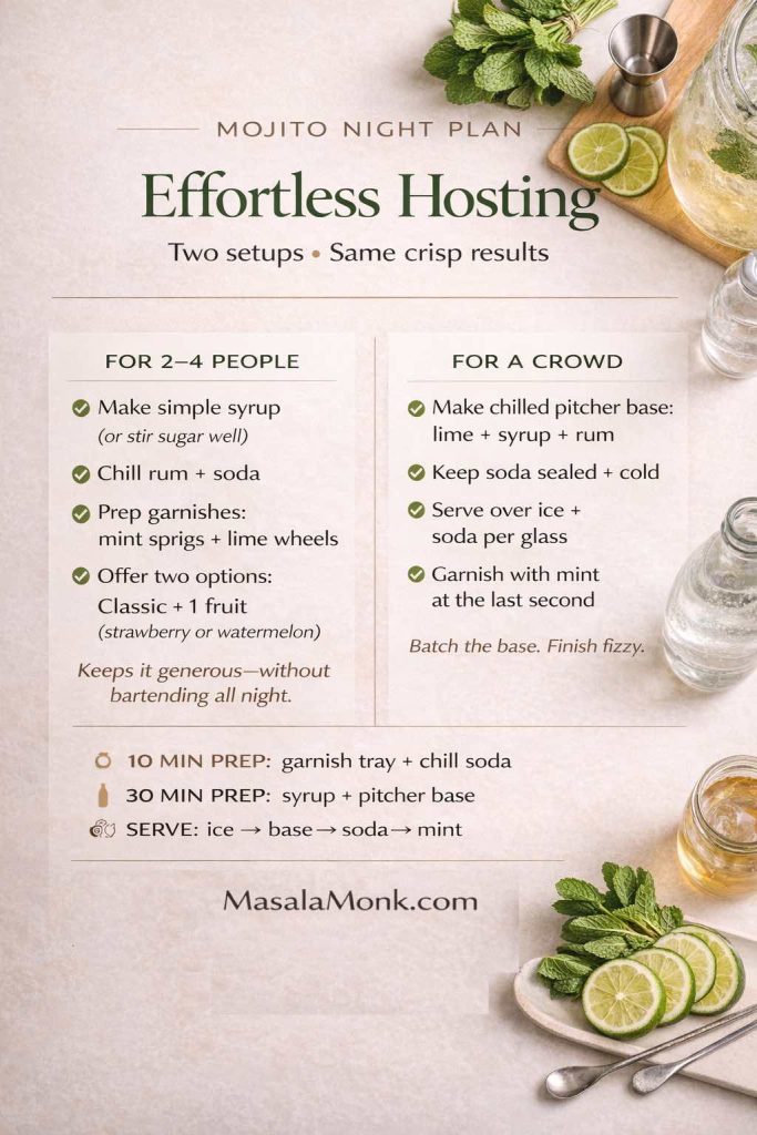 Mojito Night Plan (Effortless Hosting): a simple setup for 2–4 people or a crowd—prep syrup and garnishes, keep soda cold, and remember the big trick for parties: batch the base, then add soda per glass so every mojito stays crisp and fizzy.