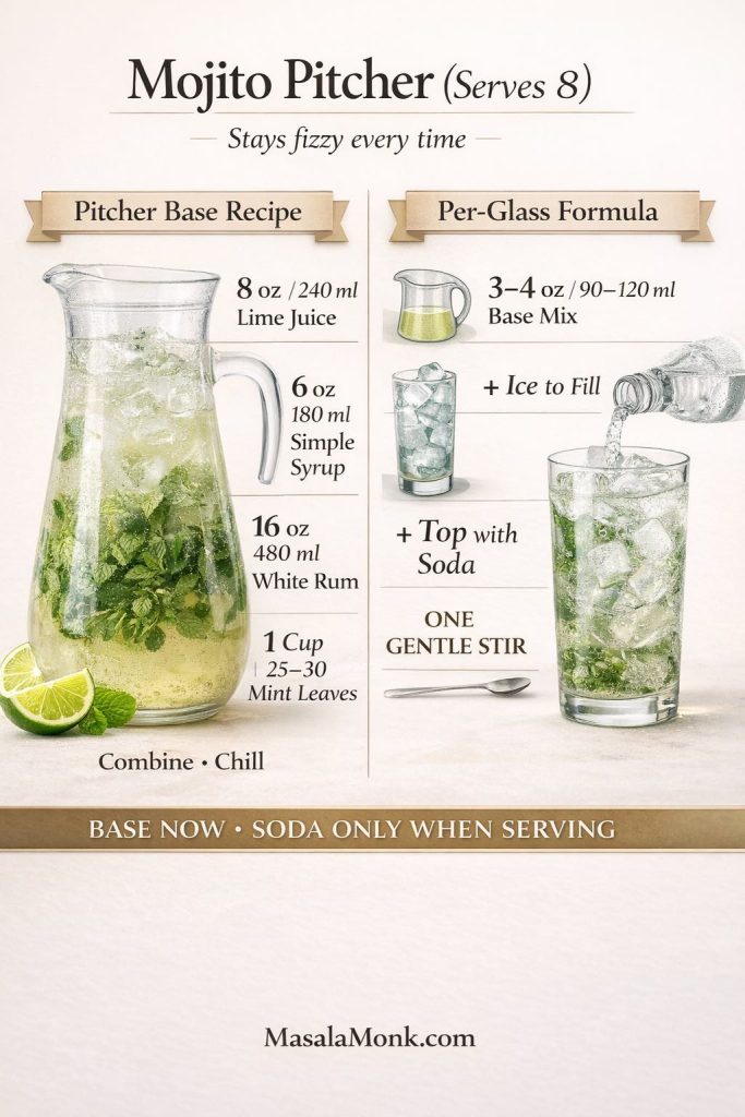 Photoreal mojito pitcher infographic for serving 8, showing a make-ahead pitcher base and per-glass formula. Pitcher base: 8 oz/240 ml lime juice, 6 oz/180 ml simple syrup, 16 oz/480 ml white rum, and 1 cup mint leaves. Per-glass: pour 3–4 oz/90–120 ml base mix over ice, top with soda, and do one gentle stir. Note: “Base now, soda only when serving.” MasalaMonk.com in footer.