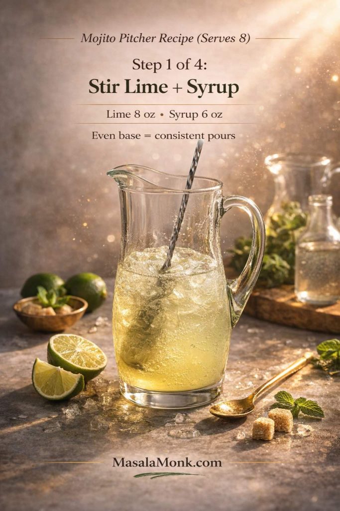 Mojito Pitcher Recipe — Step 1: stir 8 oz lime juice with 6 oz simple syrup until fully blended. A smooth, even base is what makes every glass taste the same—from the first pour to the last.