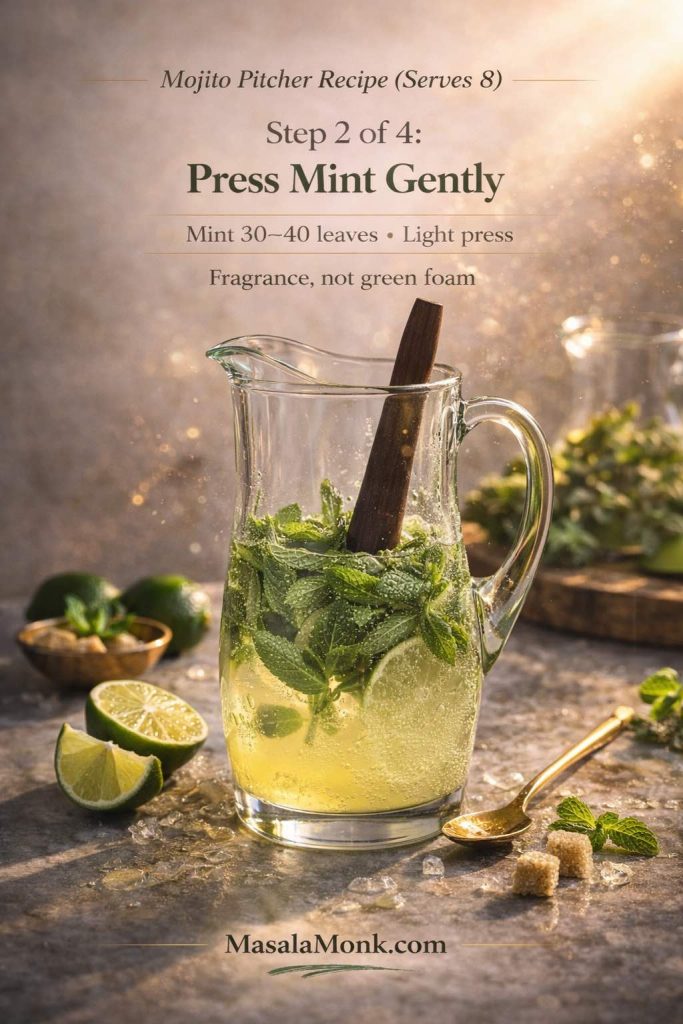 Step 2 of 4 for a mojito pitcher recipe (serves 8) showing fresh mint leaves in a glass pitcher being gently pressed in the lime-syrup base, with text overlay “Press Mint Gently” and “Mint 30–40 leaves • Light press,” plus MasalaMonk.com in the footer.