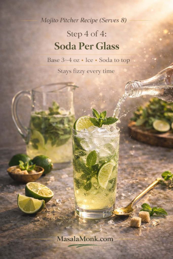 Step 4 of 4 for a mojito pitcher recipe (serves 8) showing chilled mojito base poured over ice in a highball glass and topped with soda water, with text overlay “Soda Per Glass” and “Base 3–4 oz • Ice • Soda to top,” plus MasalaMonk.com in the footer.