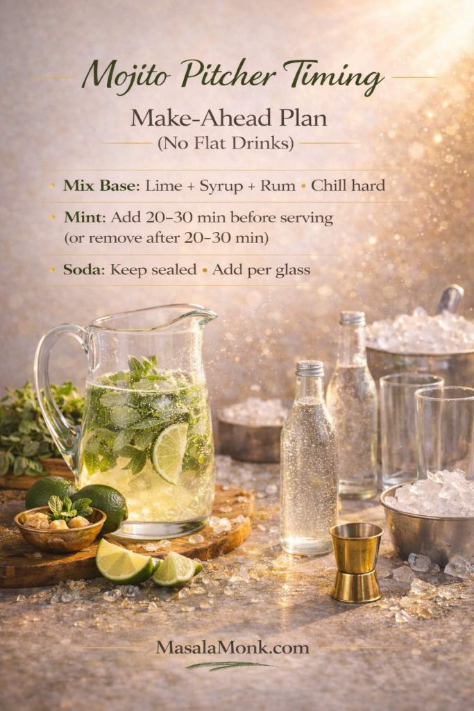 Mojito Pitcher Timing (Make-Ahead Plan): mix the lime–syrup–rum base and chill hard, add mint only 20–30 minutes before serving (or remove it after 20–30 minutes), and keep soda sealed until you top each glass. This is the easiest way to batch mojitos that stay fizzy.
