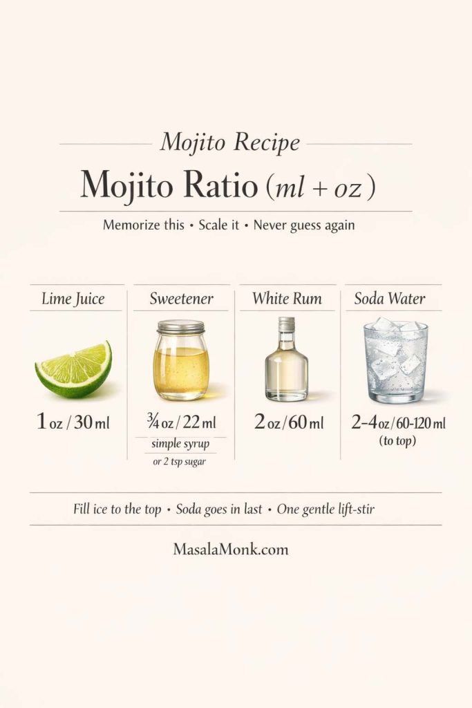 Elegant mojito ratio infographic showing classic mojito measurements: lime juice 1 oz/30 ml, sweetener 3/4 oz/22 ml simple syrup (or 2 tsp sugar), white rum 2 oz/60 ml, and soda water 2–4 oz/60–120 ml to top. Includes tips: fill ice to the top, add soda last, and do one gentle lift-stir. MasalaMonk.com in footer.