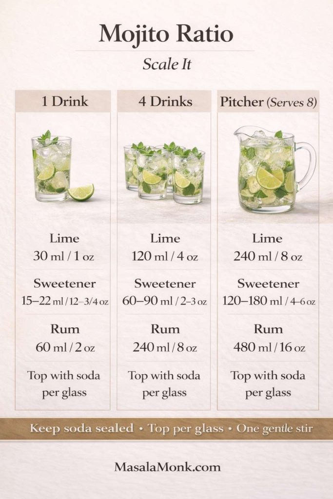 Infographic titled “Mojito Ratio — Scale It” showing mojito measurements for 1 drink, 4 drinks, and a pitcher serving 8. It lists lime, sweetener, and rum in ml and oz for each batch size, with a note to top with soda per glass. A tip strip says keep soda sealed, top per glass, and do one gentle stir. MasalaMonk.com appears in the footer.