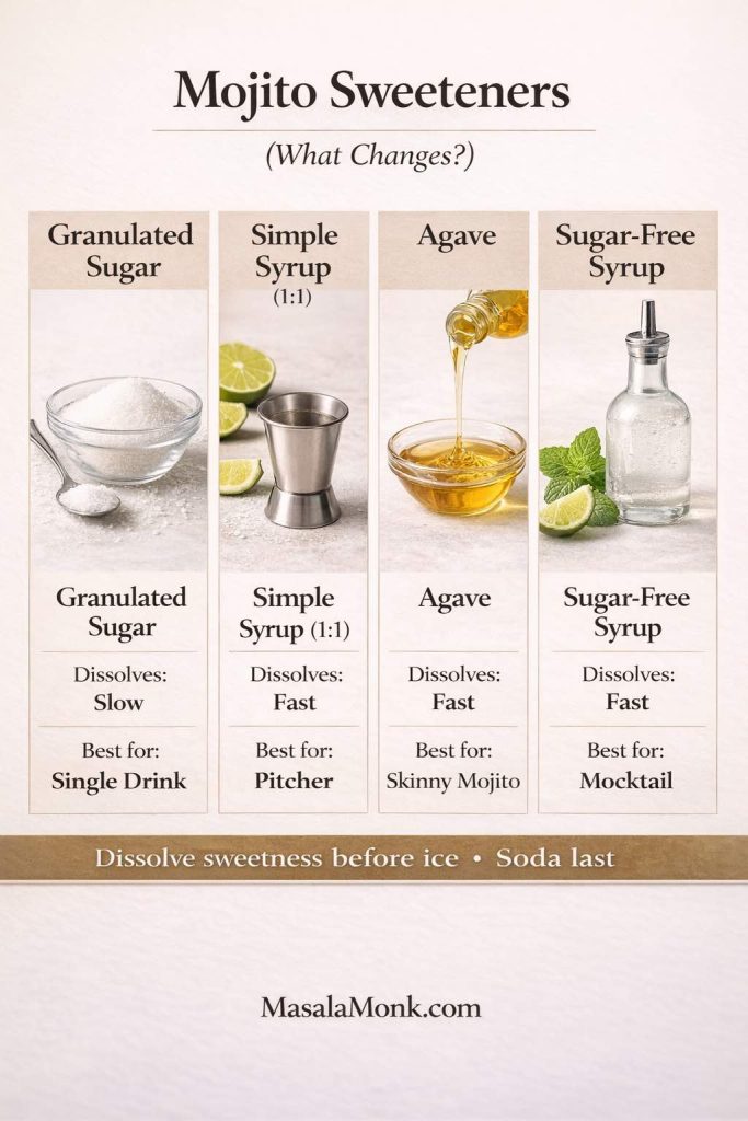 Infographic titled “Mojito Sweeteners (What Changes?)” comparing four options for a mojito recipe: granulated sugar, simple syrup (1:1), agave, and sugar-free syrup. Each column shows a photo of the sweetener and notes how quickly it dissolves and what it’s best for (single drink, pitcher, skinny mojito, or mocktail). Bottom tip reads “Dissolve sweetness before ice • Soda last.” MasalaMonk.com in footer.