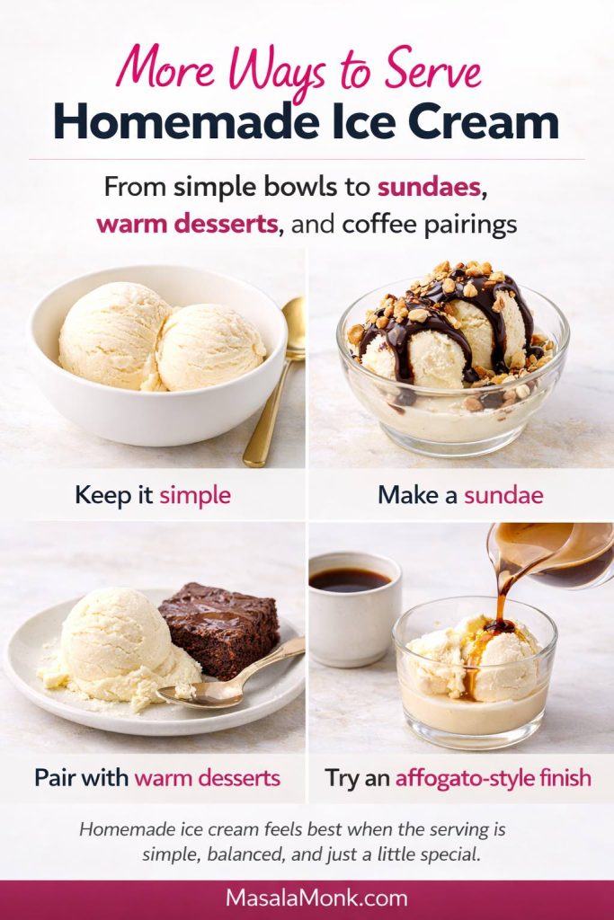 Serving ideas guide for homemade ice cream showing a simple bowl, a sundae, a scoop with warm brownie, and an affogato-style coffee pairing.