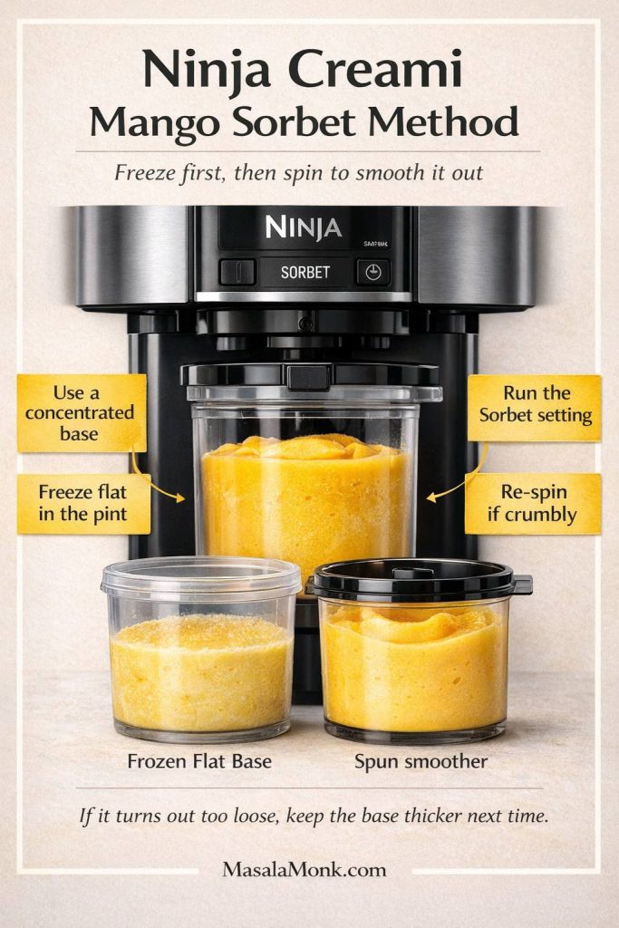 Ninja Creami mango sorbet method guide showing the Ninja Creami machine, a frozen flat mango base in the pint, a smoother spun mango sorbet result, and key tips to use a concentrated base, freeze flat, run the sorbet setting, and re-spin if crumbly.
