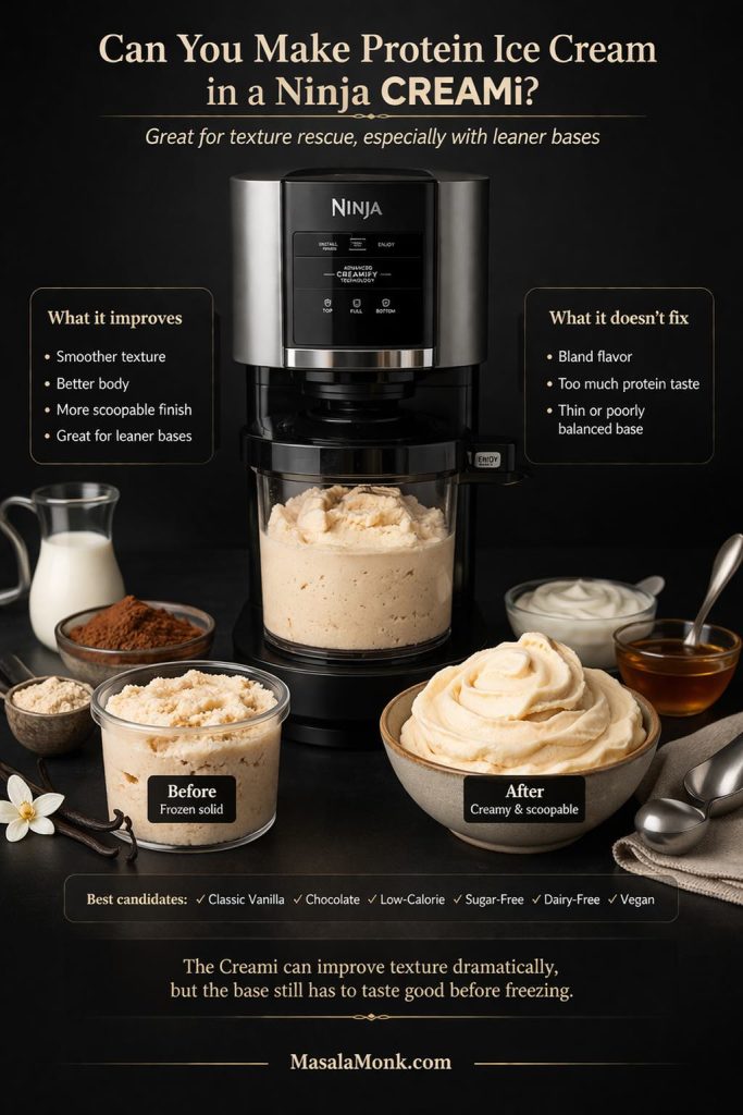 Ninja Creami protein ice cream guide showing a before frozen pint and an after creamy scoopable bowl, with notes on what the machine improves and what it does not fix.
