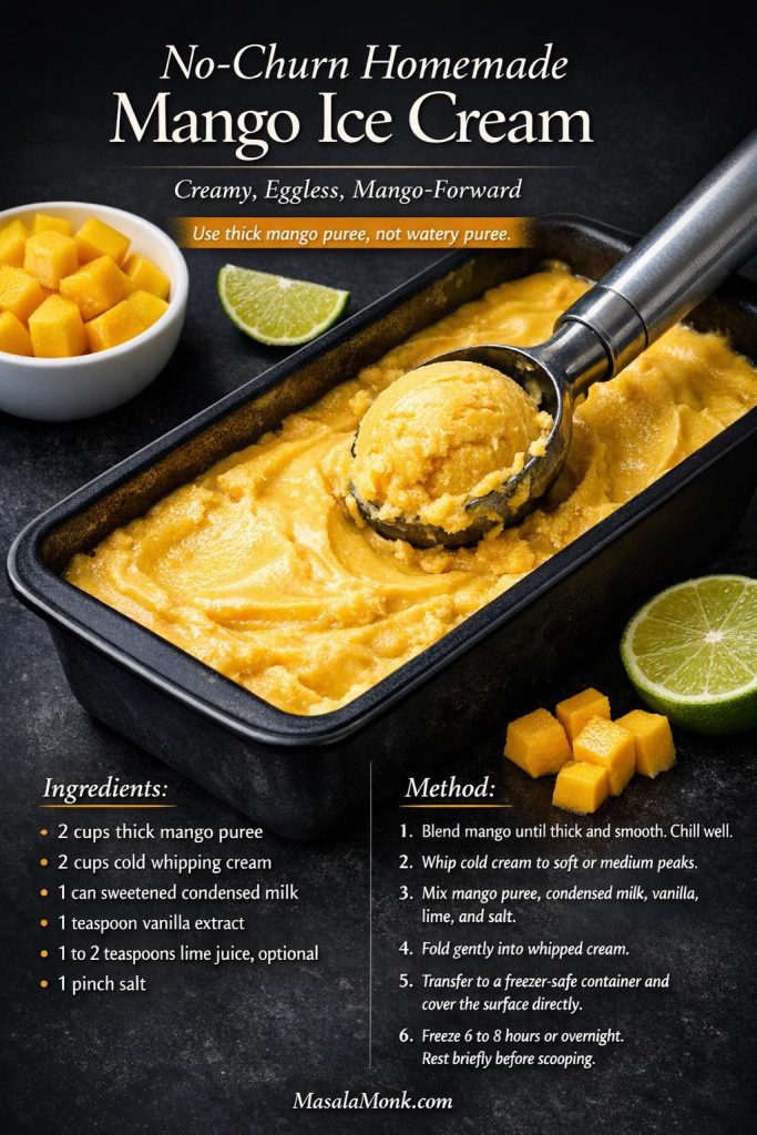 Recipe card for no-churn homemade mango ice cream showing a loaf pan, scoop, mango cubes, lime, ingredients list, and method for a creamy eggless mango ice cream recipe.