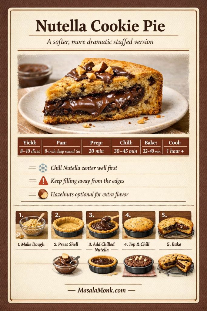 Recipe card for Nutella cookie pie showing a thick stuffed slice with a soft chocolate-hazelnut center, quick timing details, handling tips, and simple step-by-step guidance.