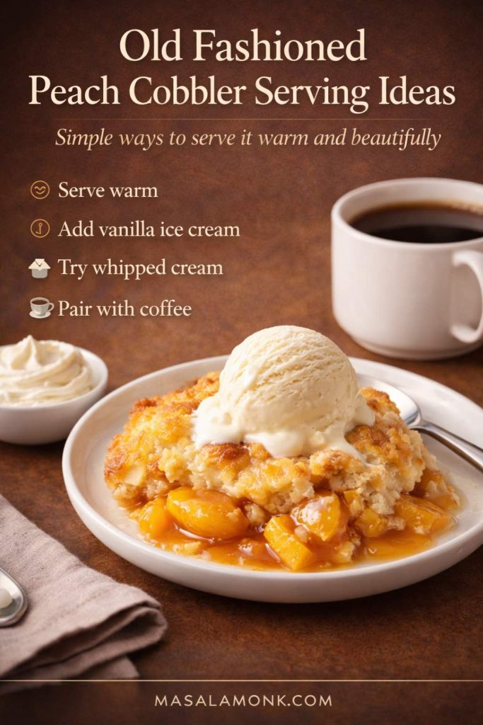 Wondering what to serve with peach cobbler with canned peaches? This old fashioned serving guide shows the classic pairings that make a warm cobbler feel even more special: a scoop of vanilla ice cream, a little whipped cream, and a hot cup of coffee on the side. Use it as a quick visual reminder when you want your peach cobbler to feel cozy, generous, and beautifully served for family dinner, holidays, or an easy dessert night at home.