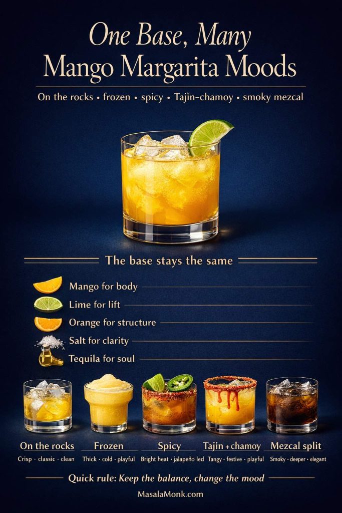 Premium editorial mango margarita closing guide showing one base formula with multiple style directions: on the rocks, frozen, spicy, Tajín and chamoy, and smoky mezcal, with labeled drink cues and a central reminder that mango gives body, lime gives lift, orange gives structure, salt gives clarity, and tequila gives soul.