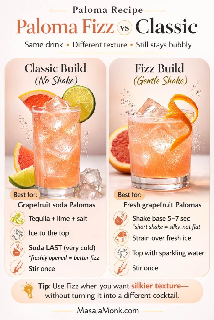 Side-by-side infographic titled “Paloma Fizz vs Classic” comparing two Paloma methods. The Classic build (no shake) is best for grapefruit soda Palomas and lists steps: tequila, lime, and salt; ice to the top; soda last (very cold, freshly opened); stir once. The Fizz build (gentle shake) is best for fresh grapefruit Palomas and lists steps: shake base 5–7 seconds; strain over fresh ice; top with sparkling water; stir once, with a tip that a short shake gives silkier texture.
