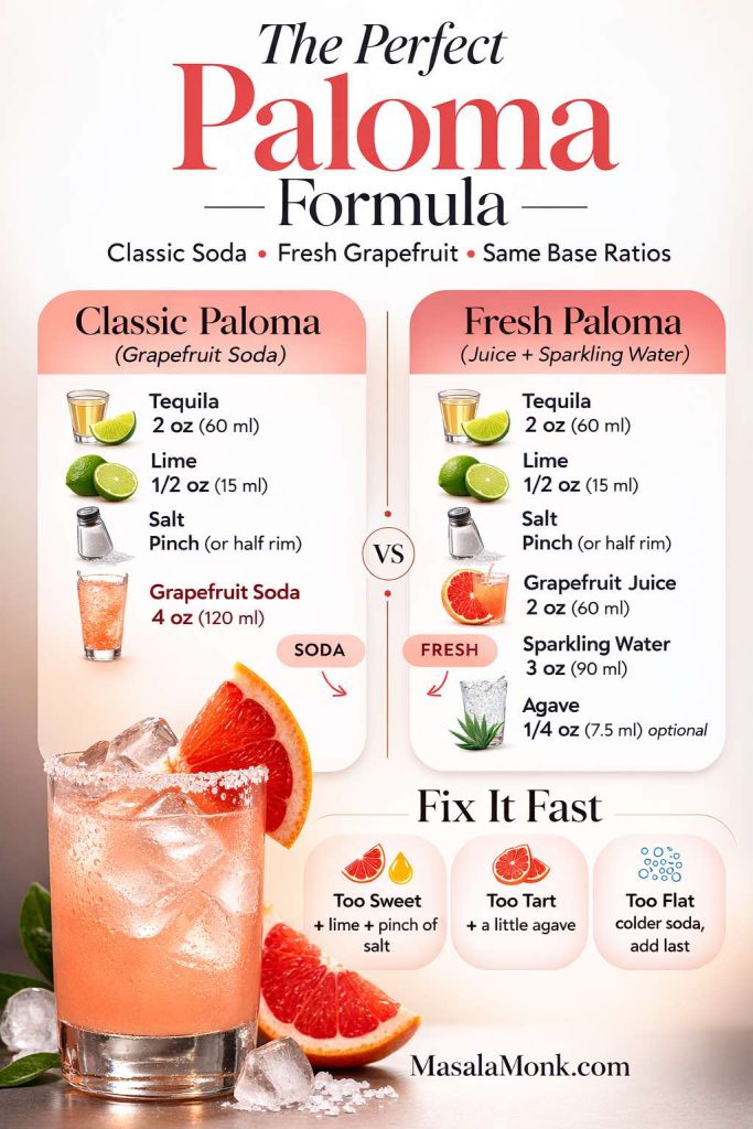 Infographic showing the perfect Paloma formula: Classic Paloma with grapefruit soda vs Fresh Paloma with grapefruit juice and sparkling water, with oz and ml measurements, plus “Fix It Fast” tips.