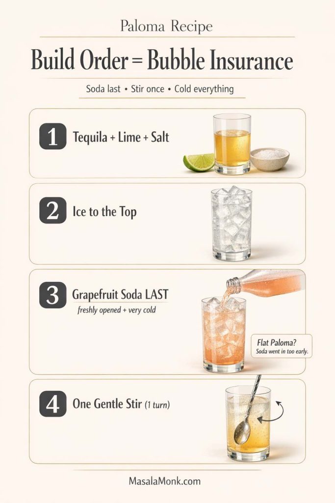 Infographic titled “Paloma Recipe: Build Order = Bubble Insurance” showing a 4-step method: add tequila, lime, and salt, fill the glass with ice to the top, pour grapefruit soda last (freshly opened and very cold), then stir gently once to keep a Paloma cocktail fizzy.