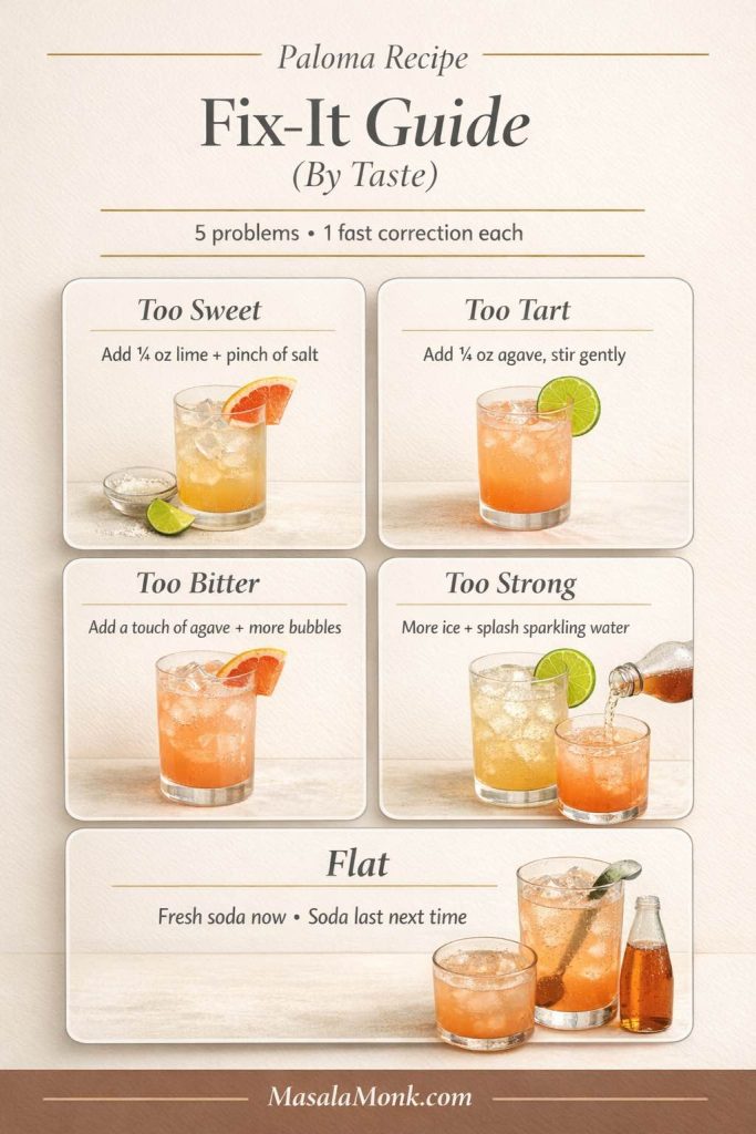 Infographic titled “Paloma Recipe Fix-It Guide (By Taste)” with five quick fixes: too sweet (add ¼ oz lime and a pinch of salt), too tart (add ¼ oz agave and stir gently), too bitter (add a touch of agave and more bubbles), too strong (add more ice and a splash of sparkling water), and flat (use fresh soda now and add soda last next time).