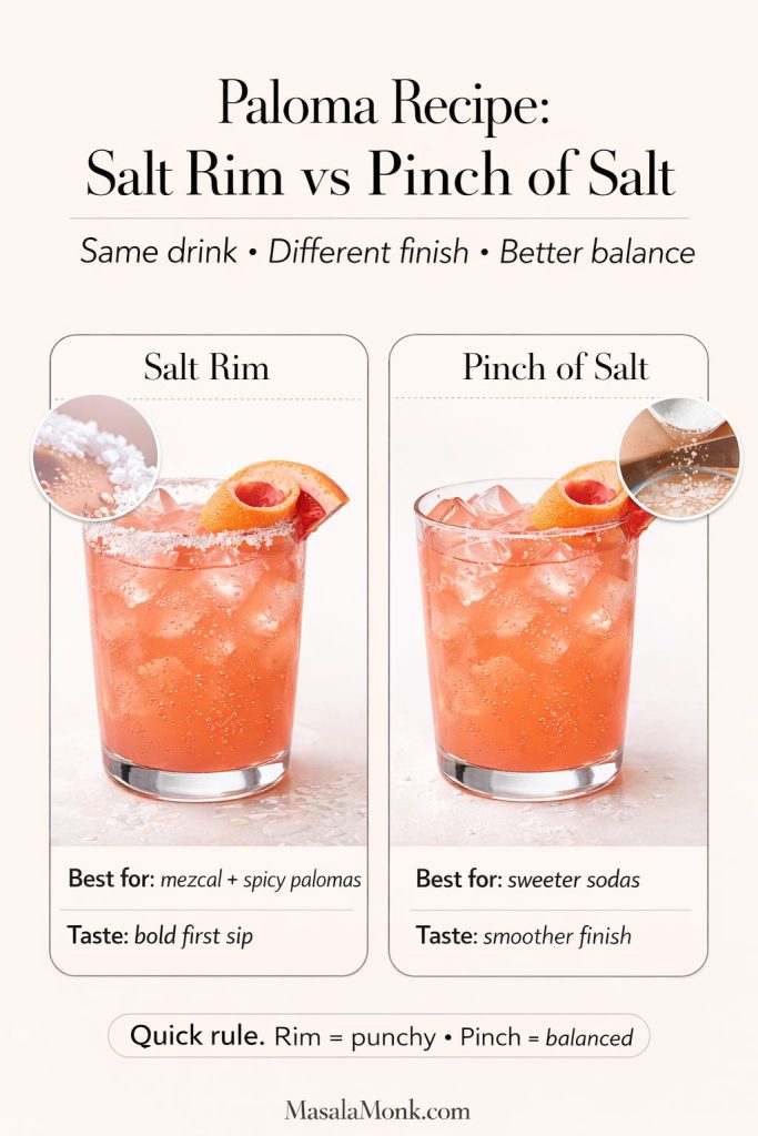 Salt is the quiet upgrade that makes a Paloma taste “right.” Use a salt rim when you want a bold first sip (especially for mezcal or spicy palomas). Use a pinch of salt in the drink when you’re working with sweeter grapefruit sodas, because it smooths the finish without making the rim taste salty.
