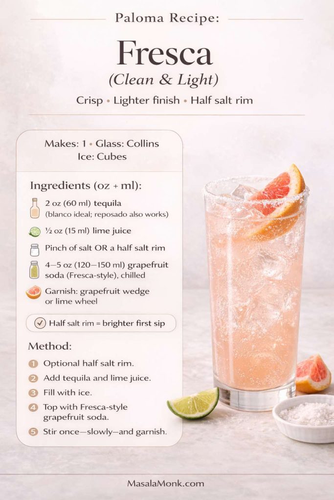 Recipe card titled “Paloma Recipe: Fresca (Clean & Light)” showing ingredients and steps with oz and ml measurements: tequila, lime juice, pinch of salt or a half salt rim, chilled Fresca-style grapefruit soda, and garnish. It includes a note that a half salt rim makes a brighter first sip, and the method builds the drink over ice, tops with grapefruit soda, and stirs once slowly.