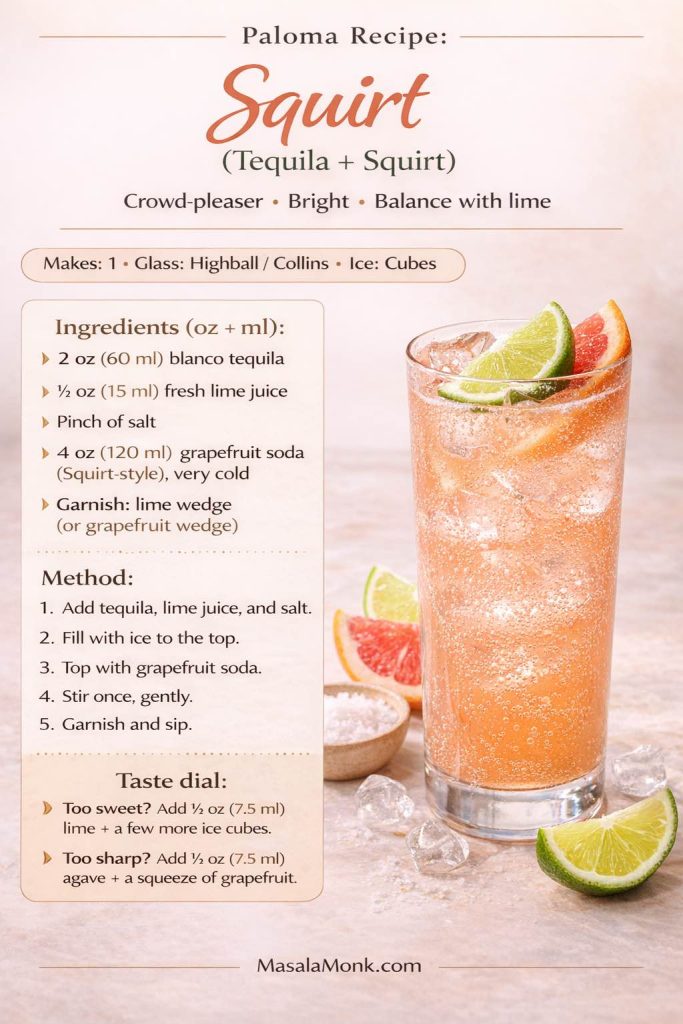 Recipe card titled “Paloma Recipe: Squirt (Tequila + Squirt)” showing ingredients and method with oz and ml amounts: blanco tequila, fresh lime juice, pinch of salt, very cold Squirt-style grapefruit soda, and lime or grapefruit garnish. It includes steps to build over ice, top with grapefruit soda, and stir once gently, plus a taste dial for fixing a drink that is too sweet or too sharp.
