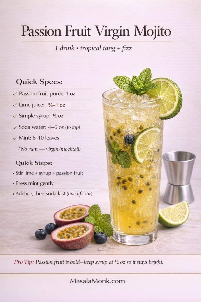 Photoreal passion fruit virgin mojito recipe card showing a tall highball glass with golden passion fruit mocktail, mint, lime wheels, crushed ice, and visible bubbles, with text overlay listing quick specs (passion fruit purée 1 oz, lime juice ¾–1 oz, simple syrup ½ oz, soda 4–6 oz, mint 8–10) and quick steps including “soda last,” plus MasalaMonk.com in the footer.