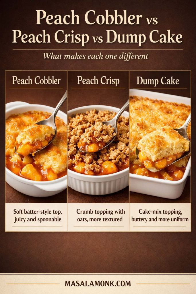 Comparison graphic showing the difference between peach cobbler, peach crisp, and dump cake, with three dessert panels highlighting a soft batter-style cobbler, a crumbly oat-topped peach crisp, and a more uniform cake-mix style dump cake.