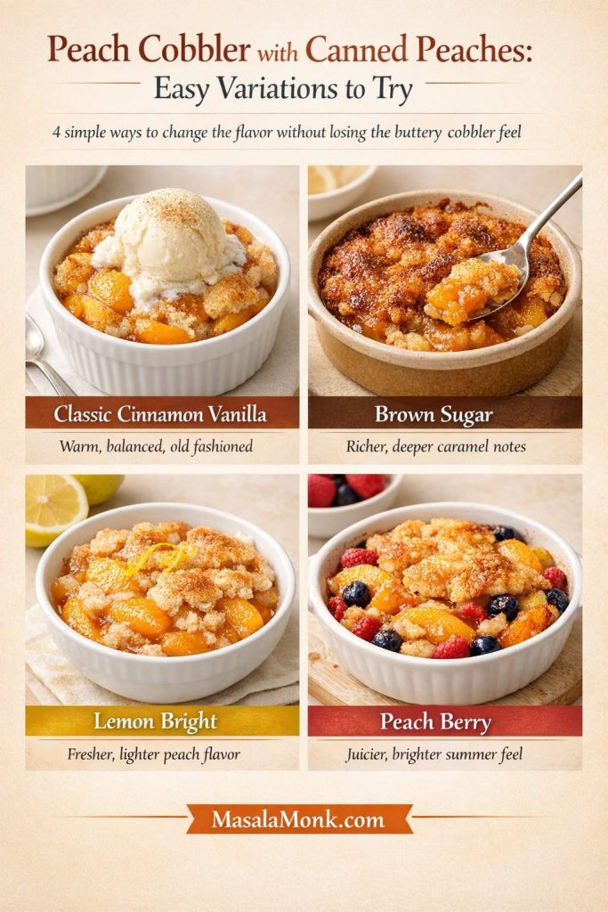 Photoreal peach cobbler with canned peaches variations guide showing four versions: classic cinnamon vanilla, brown sugar, lemon bright, and peach berry, with golden cobbler topping, glossy peach filling, and MasalaMonk.com branding.
