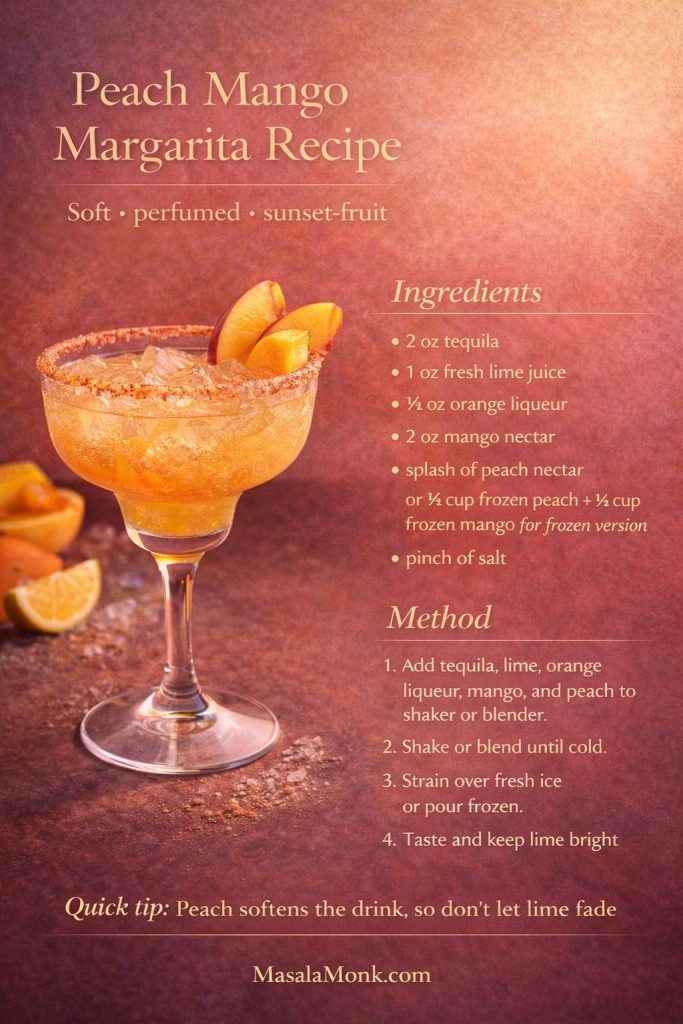 This peach mango margarita recipe card gives the variation a softer, rounder, more sunset-like feel than the sharper citrus or tropical versions. With tequila, fresh lime juice, orange liqueur, mango nectar, and a splash of peach nectar—or frozen peach and mango for the blended version—it shows how to make a peach mango margarita that tastes perfumed and smooth without losing its margarita shape. The key is simple: peach softens the drink, so lime has to stay lively. Save this one for a gentler fruit variation, then keep reading for the sleeker mango martini and the easy tequila and mango juice detour.
