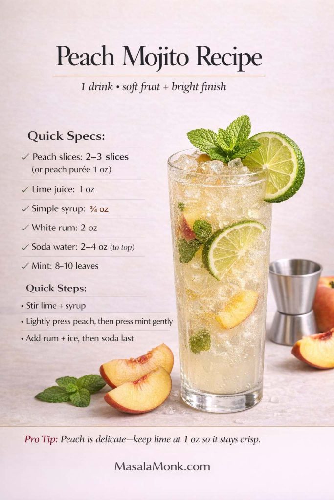 Peach Mojito Recipe (1 drink): soft fruit, bright finish—stir lime and syrup first, lightly press peach, press mint gently, then add rum, ice, and soda last. Keeping lime at 1 oz makes the peach taste fresh and crisp instead of flat.