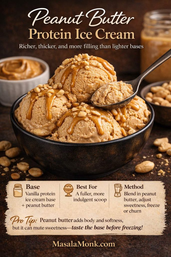Peanut butter protein ice cream in a black bowl with recipe text overlay, showing a richer homemade protein ice cream topped with peanut butter drizzle and chopped peanuts.