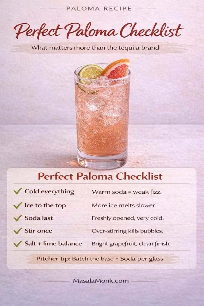 Checklist infographic titled “Perfect Paloma Checklist: What matters more than the tequila brand” showing five rules for a better Paloma: cold everything (warm soda equals weak fizz), ice to the top (more ice melts slower), soda last (freshly opened and very cold), stir once (over-stirring kills bubbles), and salt plus lime balance (bright grapefruit, clean finish). It also includes a pitcher tip to batch the base and add soda per glass.