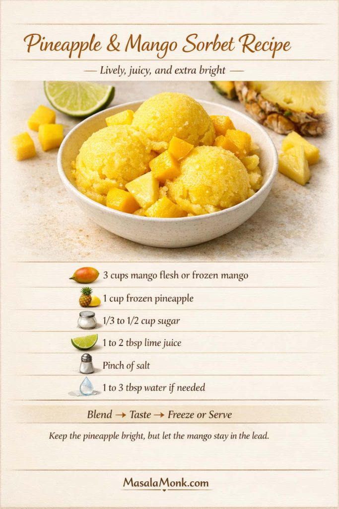 Pineapple and mango sorbet recipe card showing bright scoops of mango sorbet with pineapple pieces, mango cubes, lime, and a quick ingredient list for a lively tropical mango sorbet variation.
