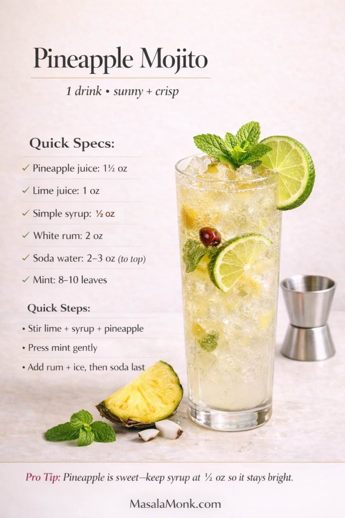 Photoreal pineapple mojito recipe card showing a tall highball glass with pineapple juice mojito, lime wheel, mint garnish, and ice with visible bubbles on a smooth ivory background, with text overlay listing measurements (pineapple juice, lime juice, simple syrup, white rum, soda water, mint), quick steps including “soda last,” a pro tip to keep syrup at ½ oz, and MasalaMonk.com in the footer.