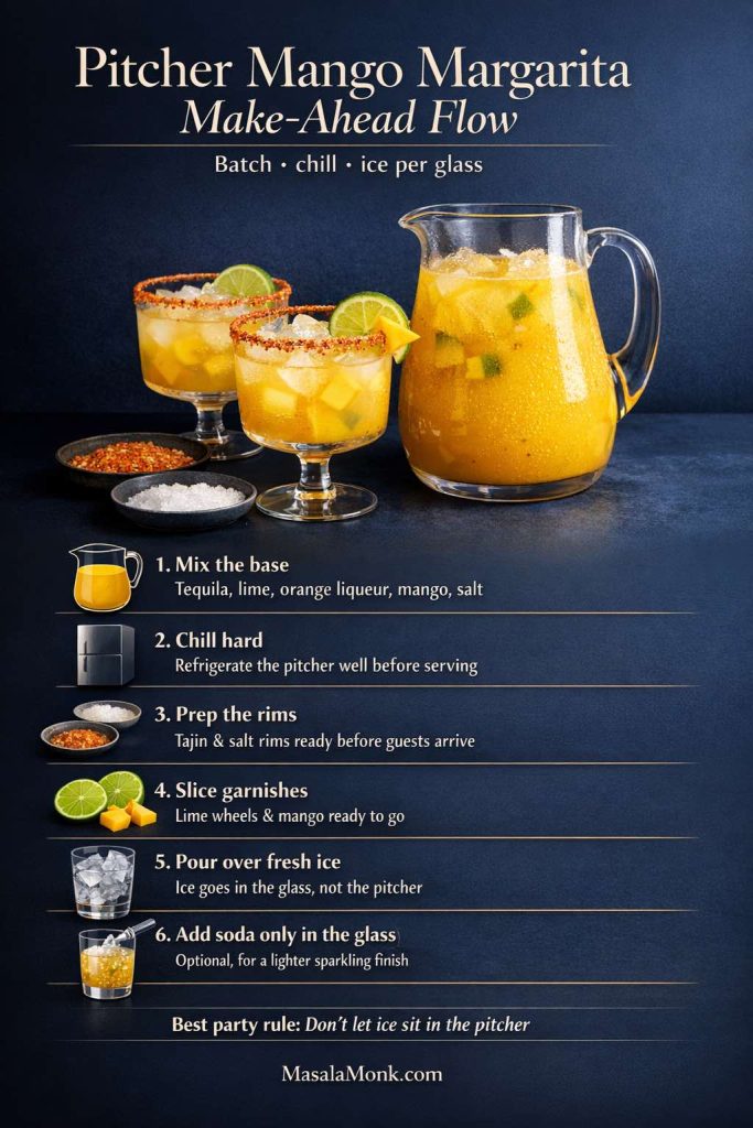 Premium pitcher mango margarita make-ahead flow guide showing a large batch mango margarita pitcher with two rimmed glasses and six hosting steps: mix the base, chill hard, prep the rims, slice garnishes, pour over fresh ice, and add soda only in the glass. Dark blue studio background with smooth clean finish.