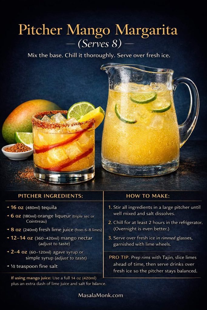 Hosting? This pitcher mango margarita recipe (serves 8) batches the base with mango nectar, lime, orange liqueur, and tequila—then you chill hard and pour over fresh ice so every glass stays bright.