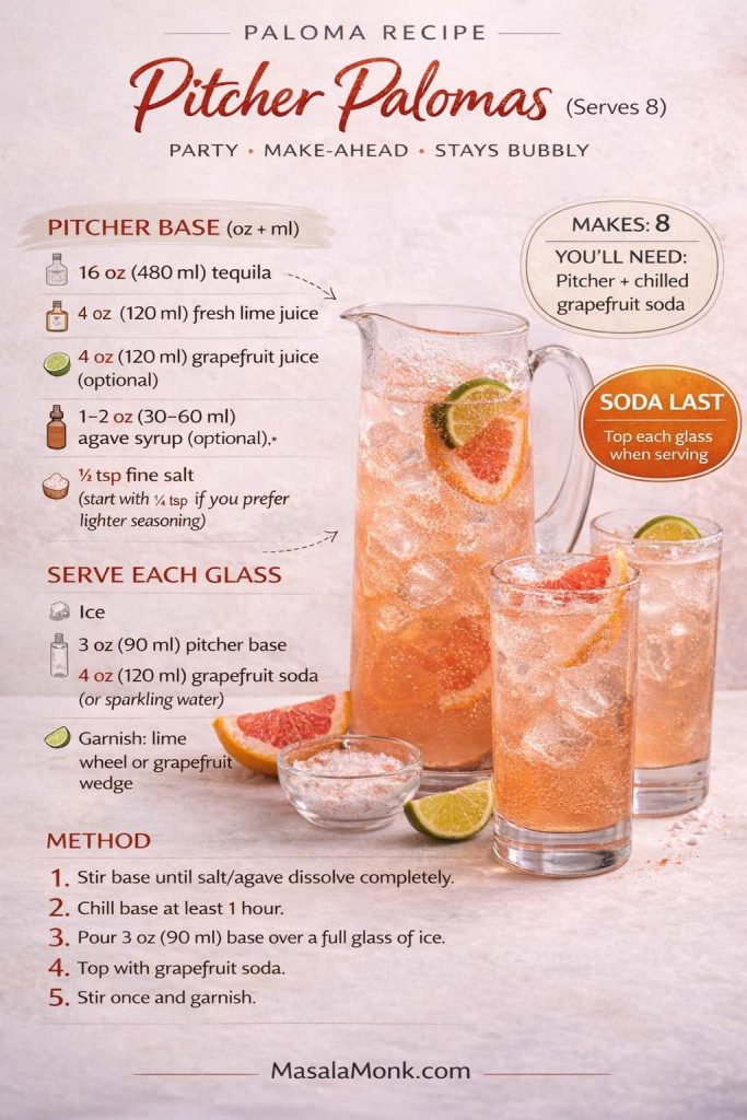 Recipe poster titled “Pitcher Palomas (Serves 8)” showing a pitcher of Paloma base and two finished glasses. It lists pitcher base ingredients in oz and ml: tequila, fresh lime juice, optional grapefruit juice, optional agave syrup, and fine salt, plus per-glass serving amounts (ice, 3 oz base, 4 oz grapefruit soda or sparkling water) and garnish options. A “Soda Last” badge notes to top each glass when serving, and the method includes chilling the base, pouring over ice, topping with soda, stirring once, and garnishing.