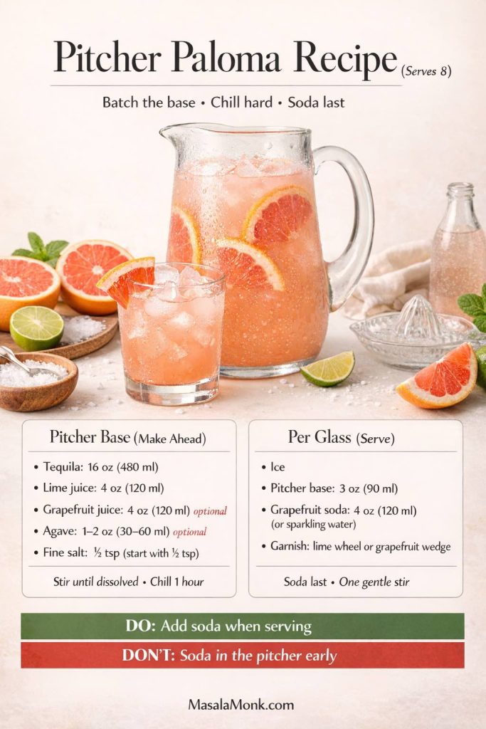 Hosting? This pitcher Paloma recipe serves 8 and stays fizzy: batch the base with tequila and citrus, chill it hard, then pour 3 oz per glass over ice and top with grapefruit soda at serving for the best bubbles.