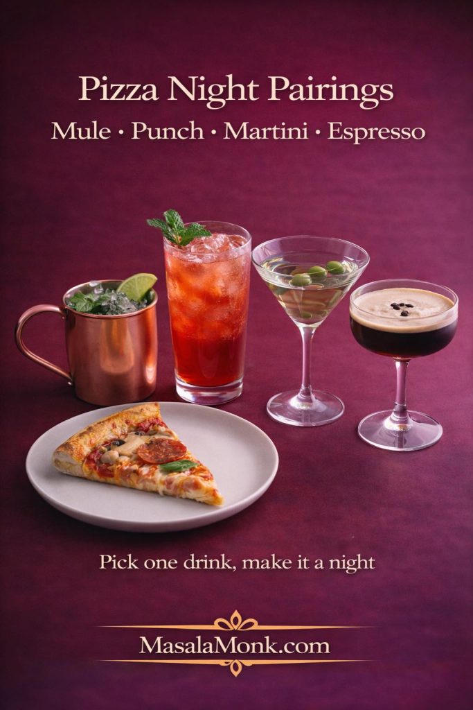 Pizza night pairing image with a sourdough pizza slice and four cocktail options—mule in a copper mug, punch in a tall glass, martini with olives, and an espresso cocktail.