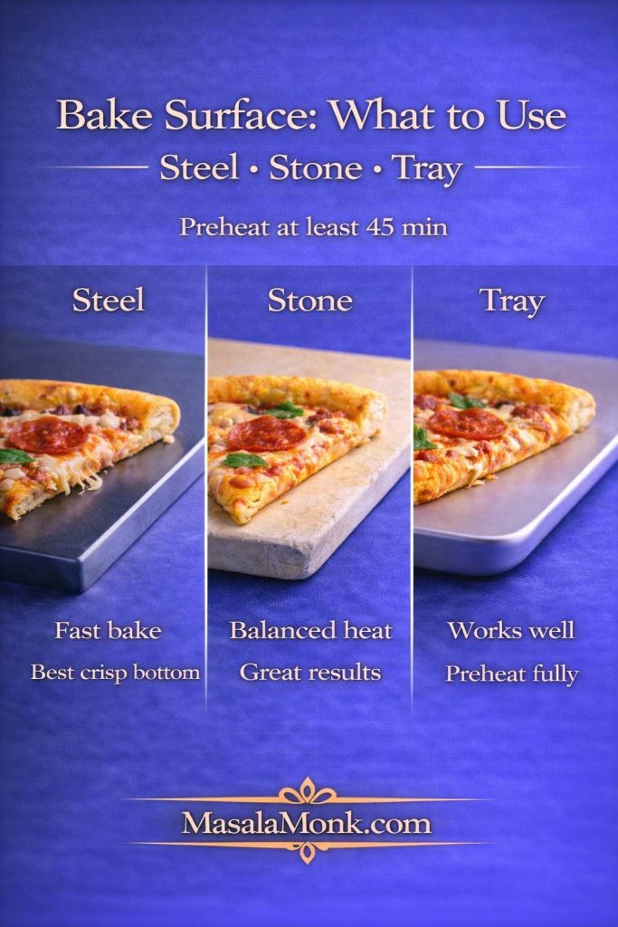 Comparison guide showing pizza steel vs pizza stone vs baking tray for sourdough pizza, with notes on fast baking, balanced heat, and preheating at least 45 minutes.