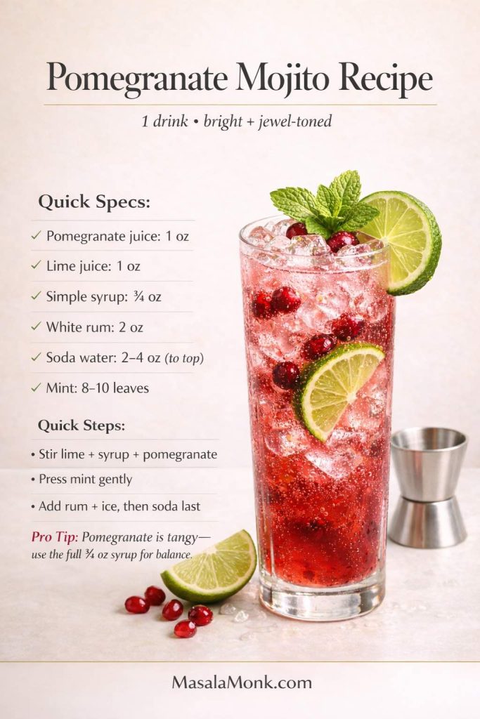 Pomegranate Mojito Recipe (1 drink): bright, jewel-toned, and crisp—stir lime, syrup, and pomegranate first, press mint gently, then add rum, ice, and soda last. Using the full ¾ oz syrup keeps the tang balanced so every sip stays refreshing.