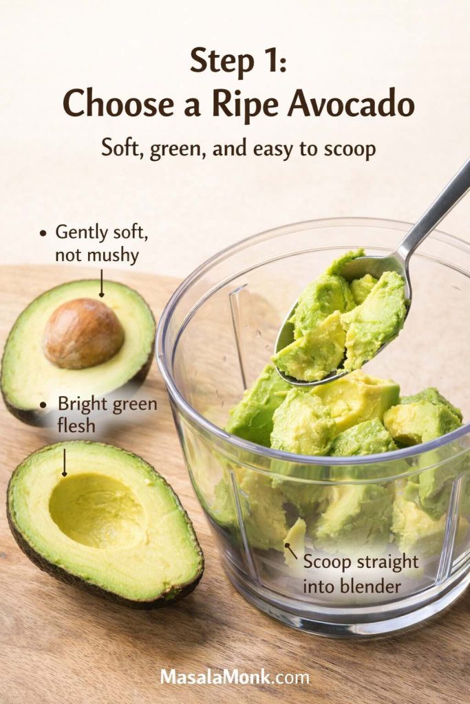 Step 1 image for avocado chocolate mousse showing ripe avocado halves with bright green flesh being scooped into a blender, with simple guidance on choosing soft avocados and prepping them for a smooth chocolate mousse.