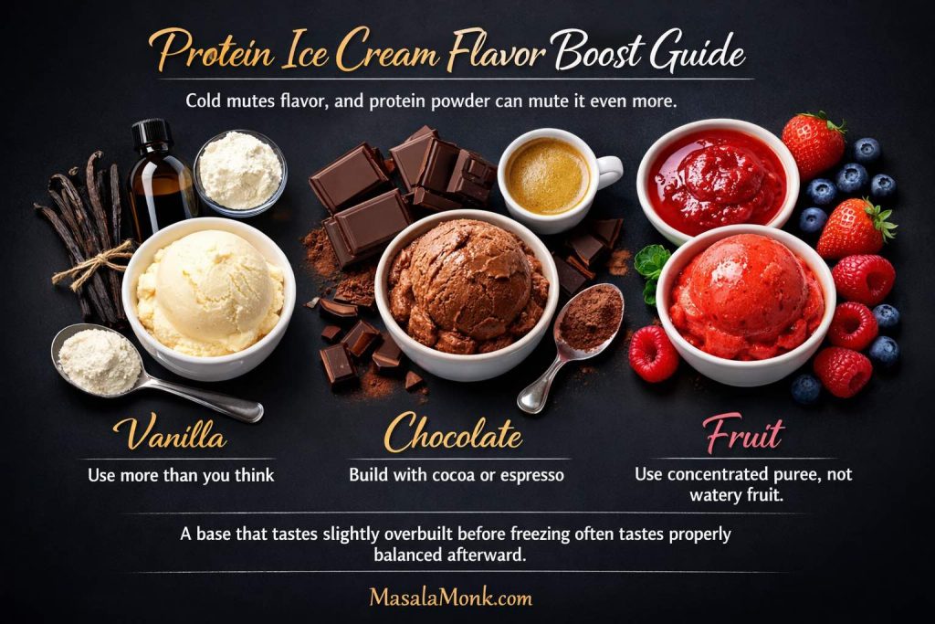 Protein ice cream flavor boost guide showing vanilla, chocolate, and fruit flavor-building cues with overhead ingredient styling, plus tips for making homemade protein ice cream taste stronger after freezing.