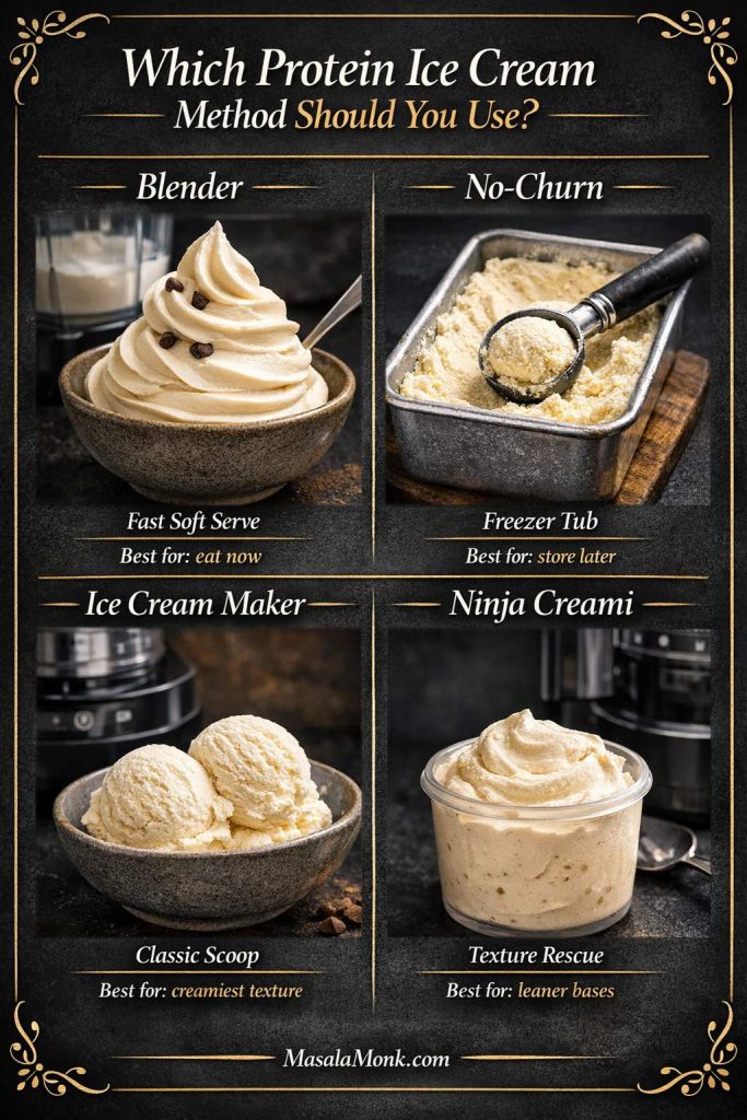 Protein ice cream method guide comparing blender soft serve, no-churn freezer tub, ice cream maker scoops, and Ninja Creami texture rescue for homemade protein ice cream.