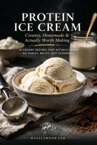 Bowl of creamy homemade protein ice cream in a grey ceramic bowl with scoop, vanilla bean, and dark luxe styling for a protein ice cream recipe cover image.