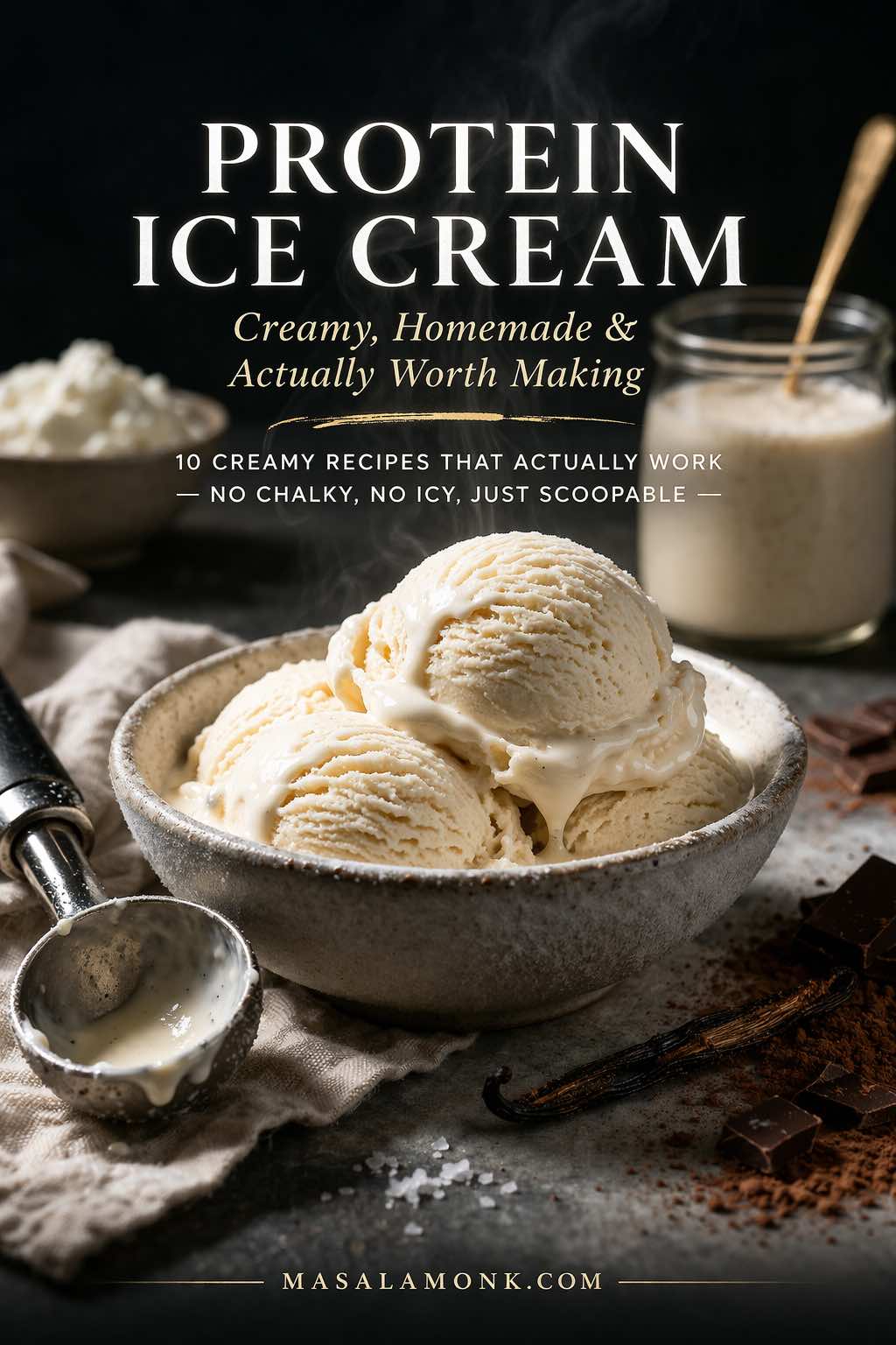 Bowl of creamy homemade protein ice cream in a grey ceramic bowl with scoop, vanilla bean, and dark luxe styling for a protein ice cream recipe cover image.