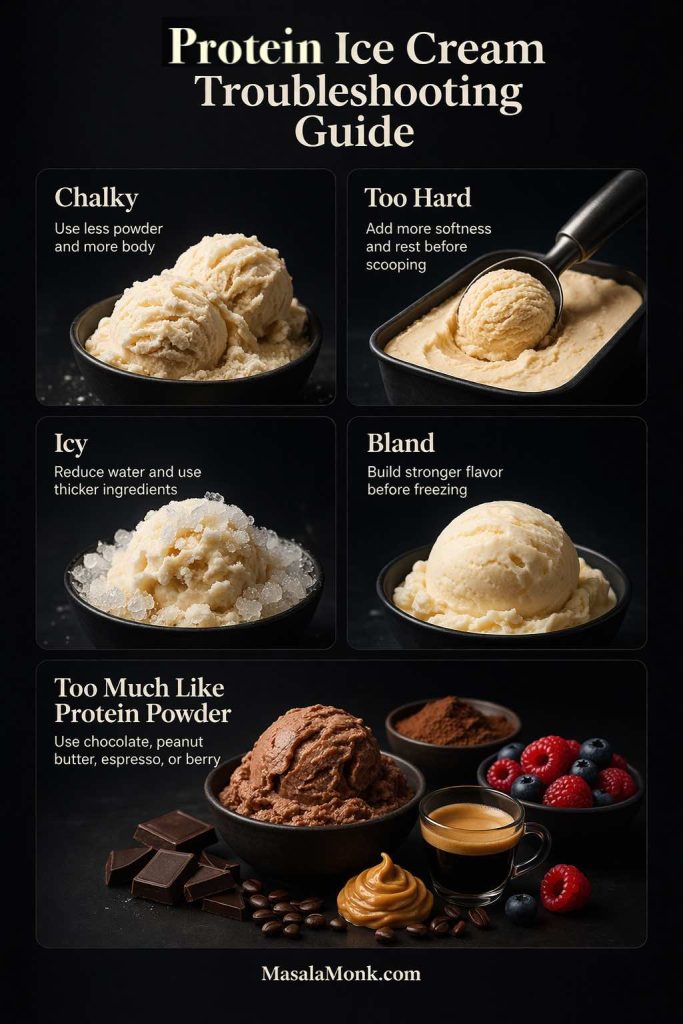 Protein ice cream troubleshooting guide showing how to fix chalky, too hard, icy, bland, and overly powdery homemade protein ice cream with quick visual fixes.