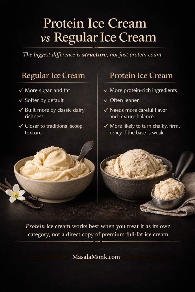 Protein ice cream vs regular ice cream comparison graphic showing how regular ice cream is richer and softer by default while protein ice cream is leaner and needs more careful flavor and texture balance.